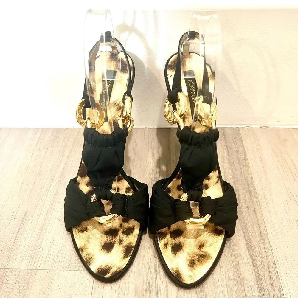 Roberto Cavalli Black and Gold Heels with Animal Print sz 11/41